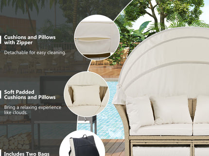 Outdoor Patio Daybed Wicker Rattan Double Daybed Round Sofa Furniture Set With Retractable Canopy, 4 Pillows For Lawn Garden