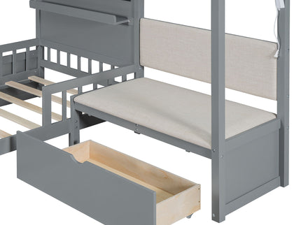 House Bed With Upholstered Sofa, Wireless Charging Station, Shelves And 2 Drawers