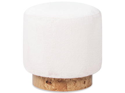 Tilly - Round Fur Upholstered / Burl Pouf Ottoman - White