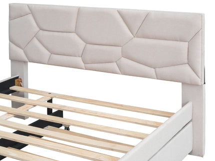 Upholstered Platform Bed With Brick Pattern Headboard And Twin Long Size Trundle