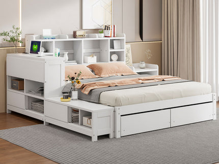 Platform Bed With Multi Functional Storage Space, Nightstand, 2 Drawers, USB Ports And Desk
