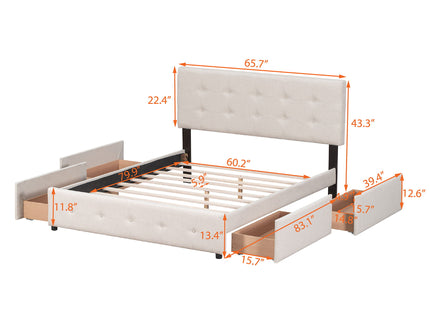 Upholstered Platform Bed With Classic Headboard And Drawers, No Box Spring Needed