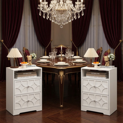 Nightstand With Diamond Carvings Handles, 2 Drawers & Charging Station