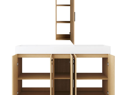 Double Sink Bathroom Vanity Set With Tall Linen Cabinet, Extra Large Storage, Integrated Sink, Freestanding Cabinet - Light Oak / White