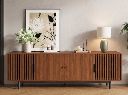 TV Stand, Media Console & Soft Closing Hinges, Adjustable Shelves, Slatted Doors - Walnut