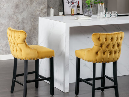 Contemporary Upholstered Wing-Back Barstools With Button Tufted Decoration And Wooden Legs, And Nailhead Trim, Leisure Style Bar Chairs, Bar Stools (Set of 2)