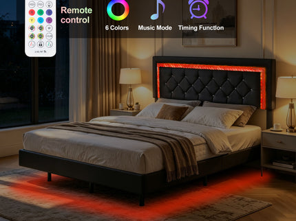 Platform Bed Frame With Adjustable Upholstered Headboard, RGB LED Lights, No Box Spring Needed