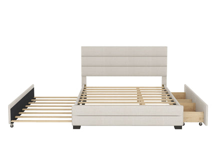 Queen Platform Bed With Twin Trundle And 2 Storage Drawers - Beige