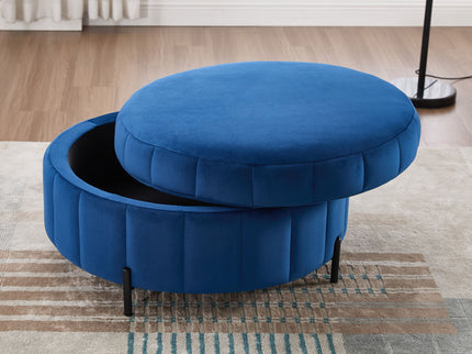 Upholstered Round Ottoman With Reversible Lid, Channel Tufted Pumpkin Shape