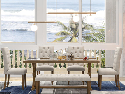 6 Piece Dining Table Set With Rectangular Wood Table, 4 Upholstered Chairs, Bench