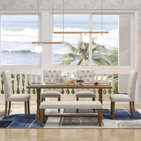 6 Piece Dining Table Set With Rectangular Wood Table, 4 Upholstered Chairs, Bench