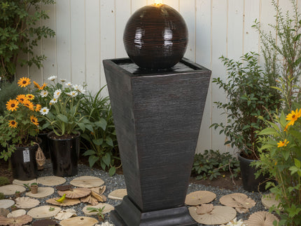 35.5" Tall Column Fountain With LED Lights, Retro Outdoor Decor, Weather Resistant Feature - Dark Brown