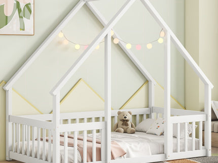 Wood House-Shaped Floor Bed With Fence, Guardrails