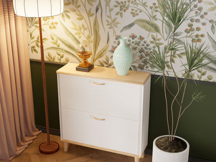 Narrow - Entryway Shoe Storage Cabinet With 2 Flip Drawers Legs - Natural / White
