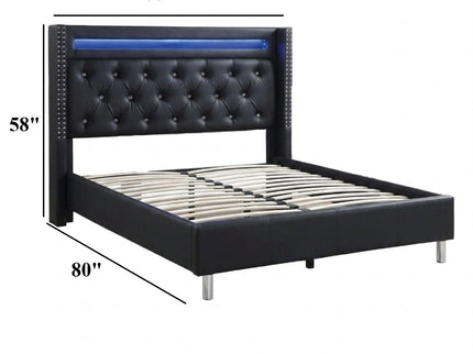 Modern Bed With LED Lights, Charging Port, Tufted Headboard