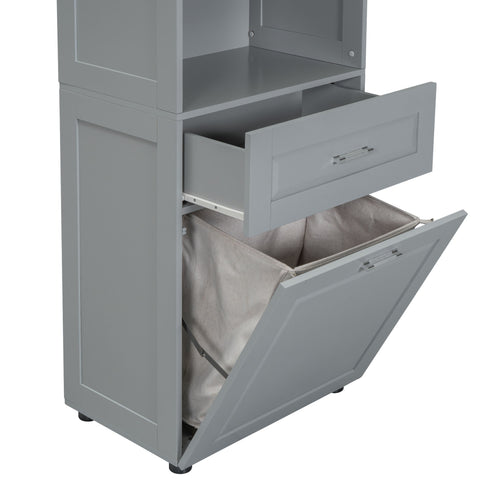 Tall Bathroom Cabinet With Tilt-Out Laundry Basket And Upper Storage