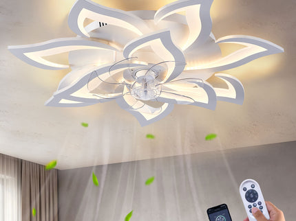32" Flower Ceiling Fan With LED Dimmable Light, Low Profile Flush Mount Fan With Remote Control, 6 Speeds