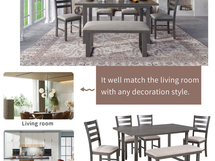 6 Pieces Family Furniture, Solid Wood Dining Room Set With Rectangular Table & 4 Chairs With Bench - Gray
