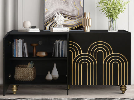 Modern Fluted Sideboard Buffet With Storage, Curve Element, 4 Doors With Adjustable Shelves