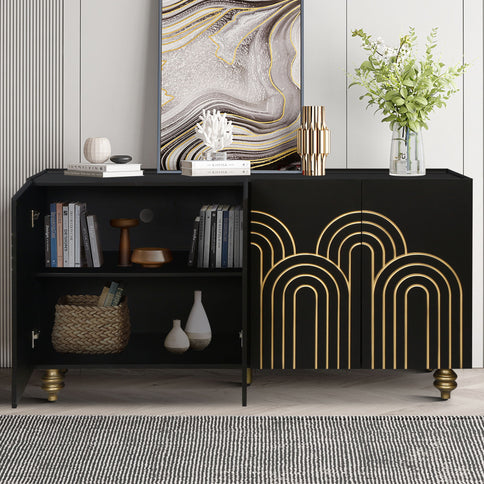 Modern Fluted Sideboard Buffet With Storage, Curve Element, 4 Doors With Adjustable Shelves