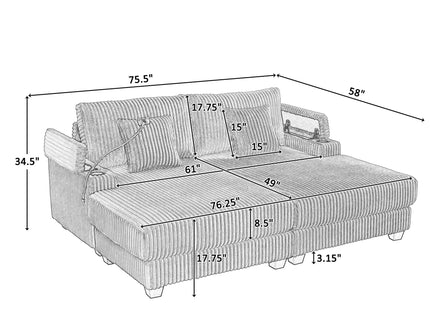 Chaise Sofa With Adjustable Backrest, Cup Holders, Phone Holder & Storage Compartments For Living Room - Light Gray
