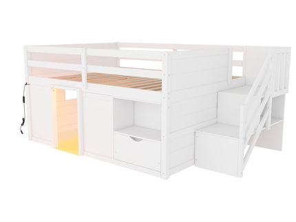 Low Loft Bed Frame With Built In Stairs, Storage Drawer, Shelf And 7 Color LED Light