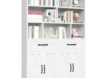 Bookcase Tall With 2 Doors & 2 Drawers, Fixed Open Shelves - White