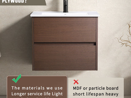 Wall-Mounted Bathroom Vanity, Soft-Close Drawer, Premium Slides - Black Brown