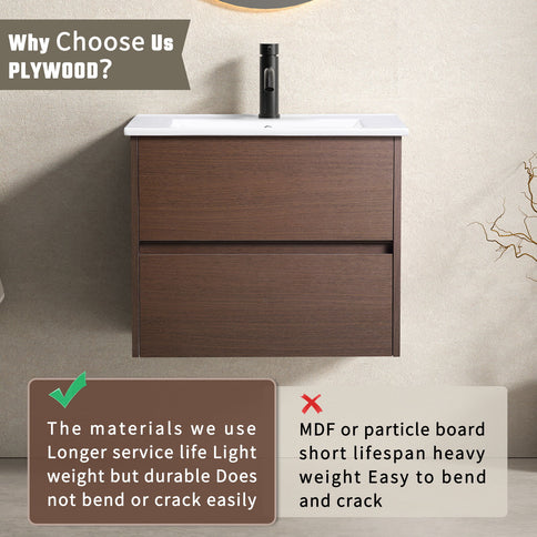 Wall-Mounted Bathroom Vanity, Soft-Close Drawer, Premium Slides - Black Brown