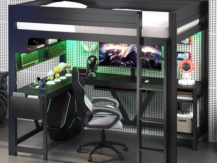 Gaming Loft Bed With Desk, Storage Shelves, LED And Charging Station