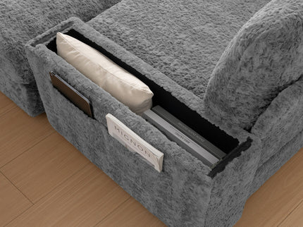 Oversized Chaise Lounge Indoor Rabbit Fur Sofa Bed With Storage Ottoman And Armrests Cup Holders With Deep Seat