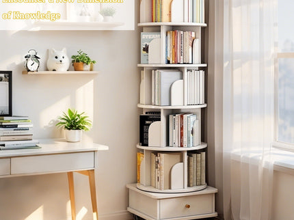 Rotating Bookshelf With Wheels And Drawer, 360° Spinning Design, Space Saving Storage