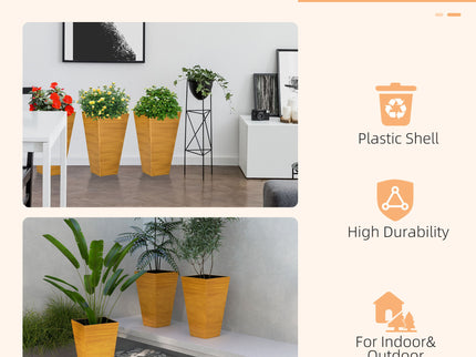 Outsunny - Outdoor Planters (Set of 3) Large Taper Planters With Drainage Holes And Plug, Faux Wood Plastic Flower Pots For Outdoor, Indoor, Garden, Patio