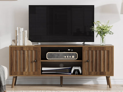 55" TV Cabinet With Vertical Groove Doors, Adjustable Shelves - Walnut