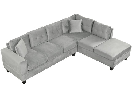 Modern Sectional Sofa With Storage Ottoman, L - Shape Couch With 2 Pillows And Cup Holders