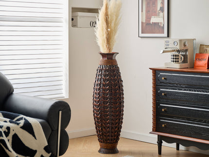 Hand Woven Bamboo Floor Vase, Decorative Accent For Living Room - Acacia Wood