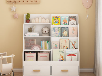 Bookshelf With 2 Storage Drawers, Front Facing Bookcase And Toy Organizer, Multi Tier Reading Shelf - White