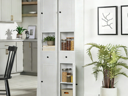 Tall Bathroom Storage Cabinet, 5-Tier Narrow With 2 Doors & Adjustable Shelves, Freestanding - White