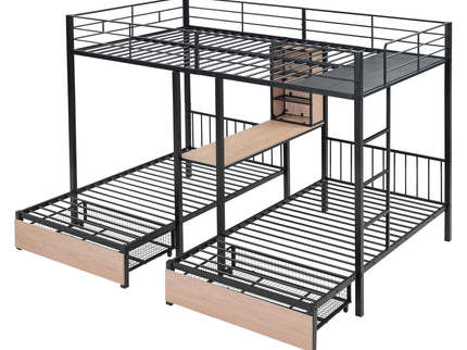 Triple Bunk Bed With Drawers, Multi-Functional Frame With Desks And Shelves In The Middle