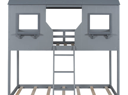 Twin Over Twin Bunk Bed With Roof, Window, Guardrail, Ladder