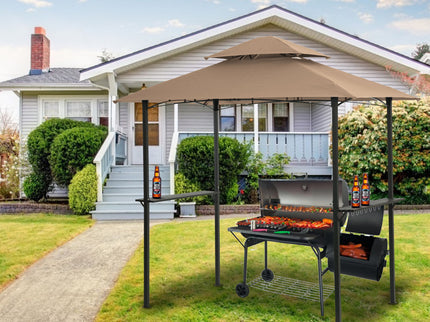 Outdoor Grill Gazebo With Double Tier Soft Top Canopy, Steel Frame, Bar Counters & Hook