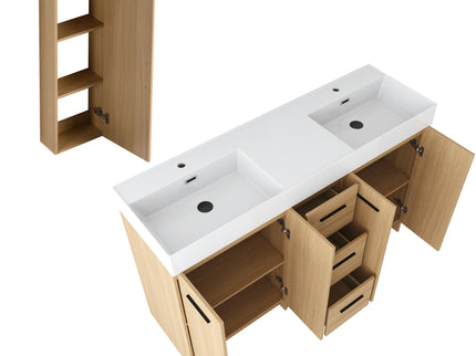 Double Sink Bathroom Vanity Set With Tall Linen Cabinet, 3 Drawers, Extra Large Storage, Integrated Sink, Freestanding Cabinet - Light Oak / White