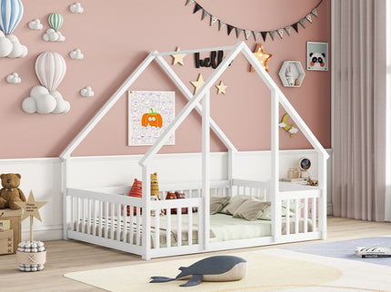 Wood House-Shaped Floor Bed With Fence, Guardrails