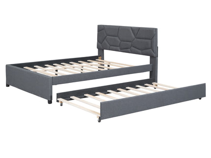 Upholstered Platform Bed With Brick Pattern Headboard And Twin Long Size Trundle