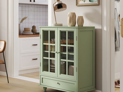 Minimalist Buffet Cabinet With Double Glass Doors And Drawer