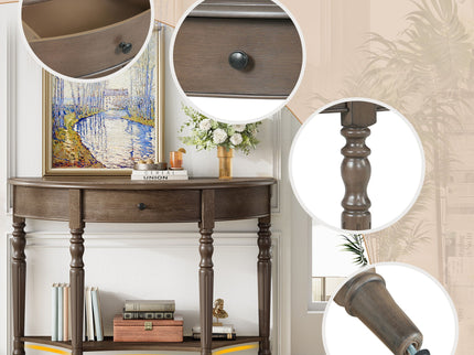 Half Moon Console Table With Drawer & Shelf For Living Room - Walnut