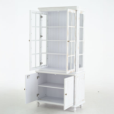 Vintage Display Cabinet With Double Glass Doors, Traditional Style Hutch For Home Or Workspace Washed - White Washed