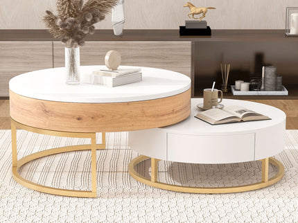 Modern Round Lift-Top Nesting Coffee Tables With 2 Drawers