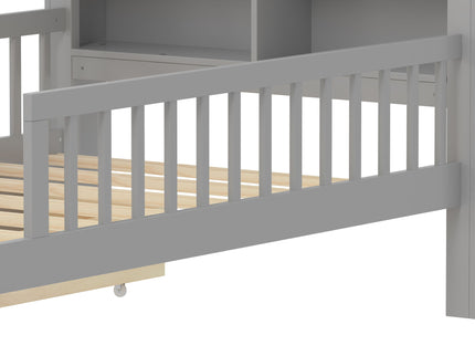 Bed With Headboard Storage Rack, 2 Under Bed Drawers, 3 Side Guardrails For Safety