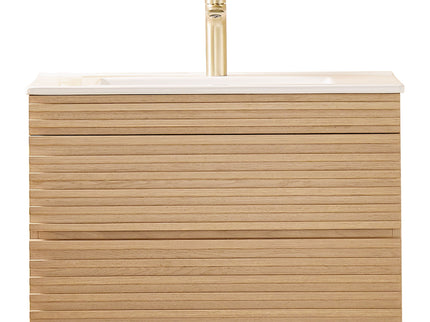 Wall Mounted & Floating Single Vanity With Ceramic Sink - Natural Walnut